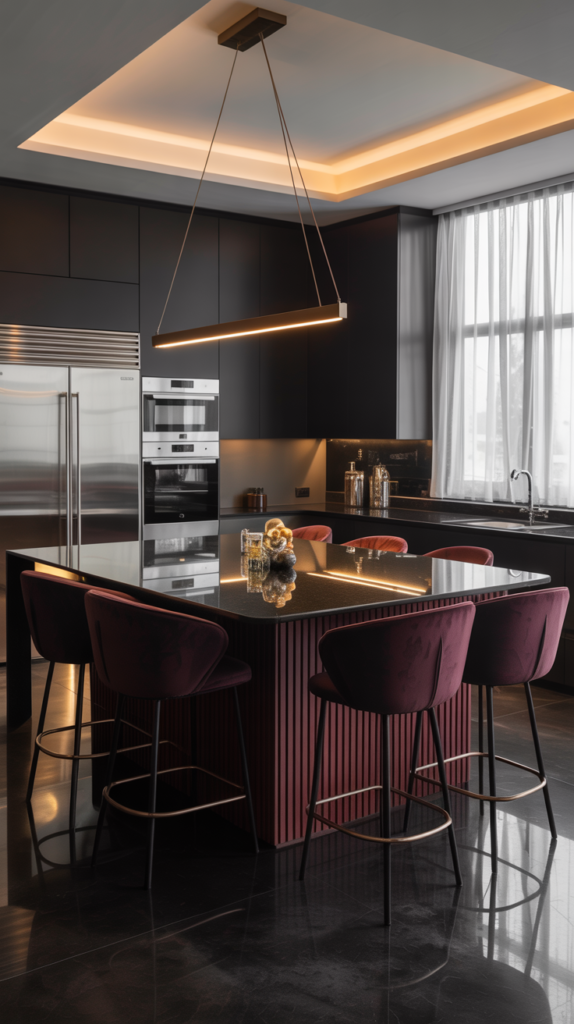 A modern black kitchen featuring rich burgundy accents, showcasing a stylish and elegant design.