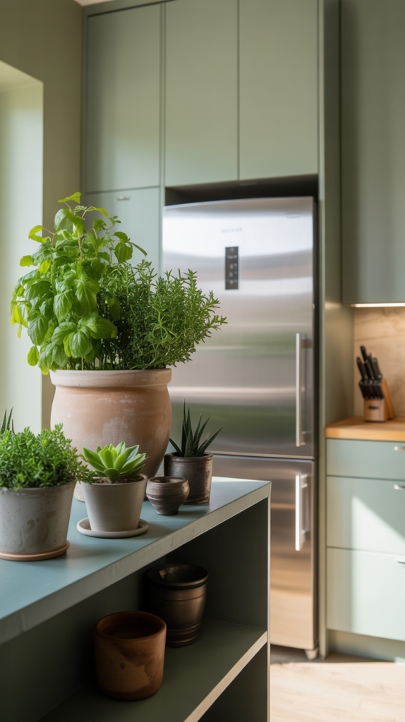 A kitchen featuring muted sage green walls, black cabinets, and plants on shelves.