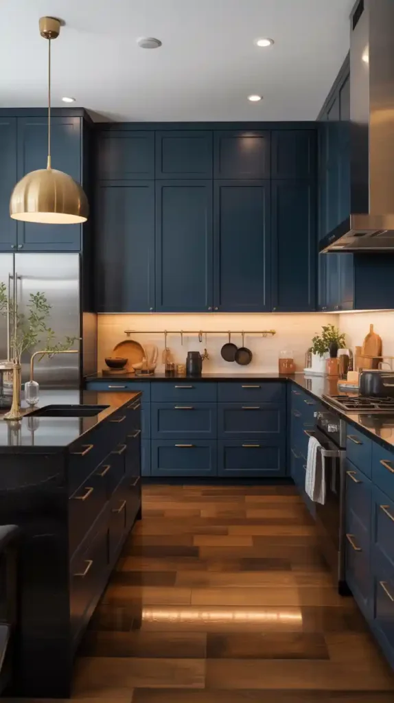A modern kitchen featuring deep navy blue cabinets, black countertops, and warm wood flooring.