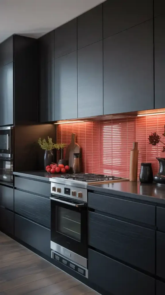 A modern black kitchen featuring a bold red backsplash with sleek cabinetry and stylish accessories.
