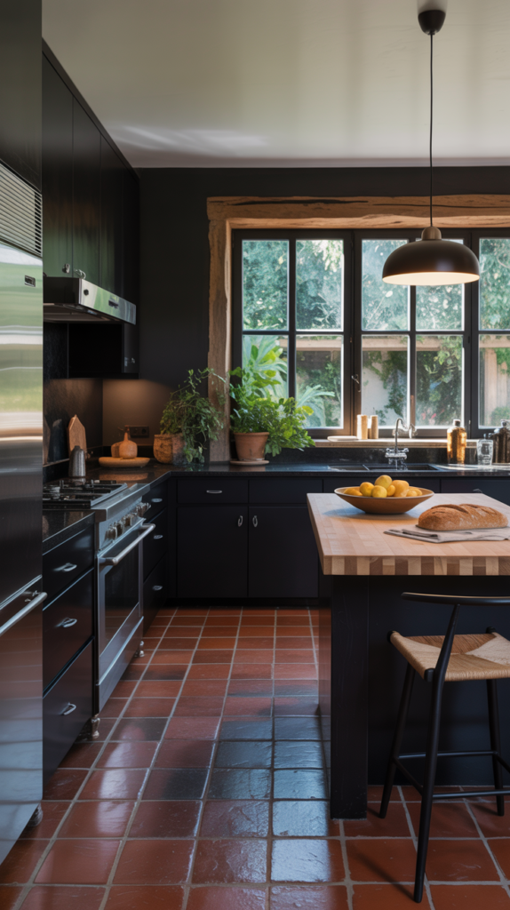 A black kitchen featuring terracotta tiles and warm wooden accents.