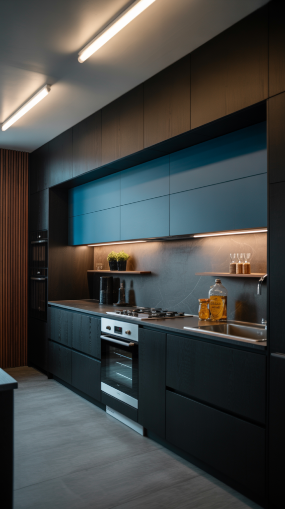 A modern black kitchen with steel blue accents, featuring sleek cabinetry and bright lighting.