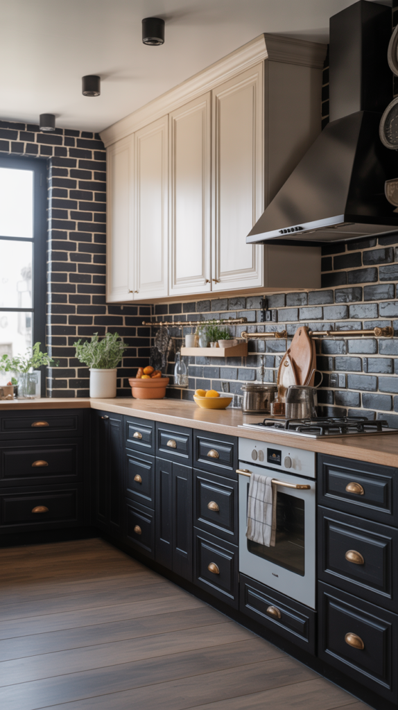 A stylish kitchen featuring black cabinets and cream-colored upper cabinets, showcasing a modern design.