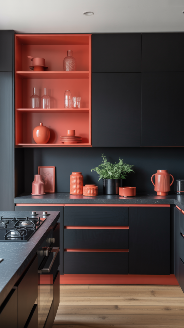 A modern black kitchen featuring coral accents, including shelves and decorative items.