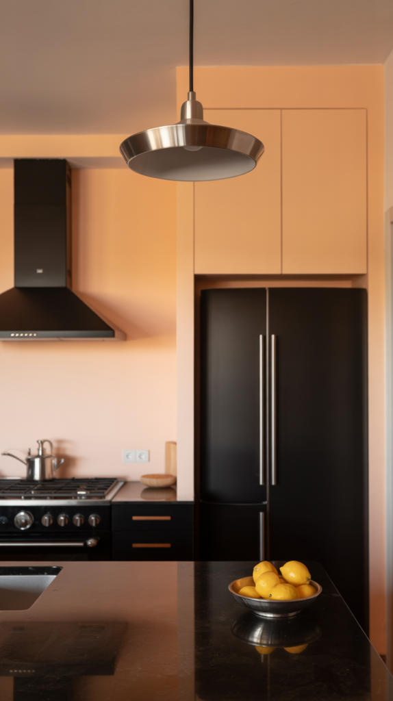 A modern kitchen featuring pale peach walls and black appliances, creating a warm and inviting atmosphere.