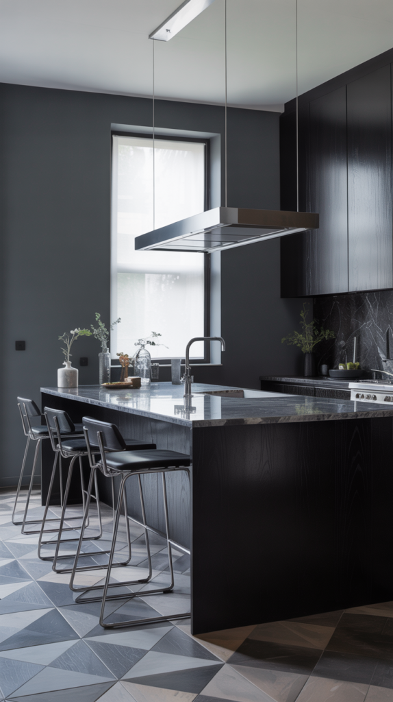 A lot modern black kitchen with charcoal gray walls and stylish decor.