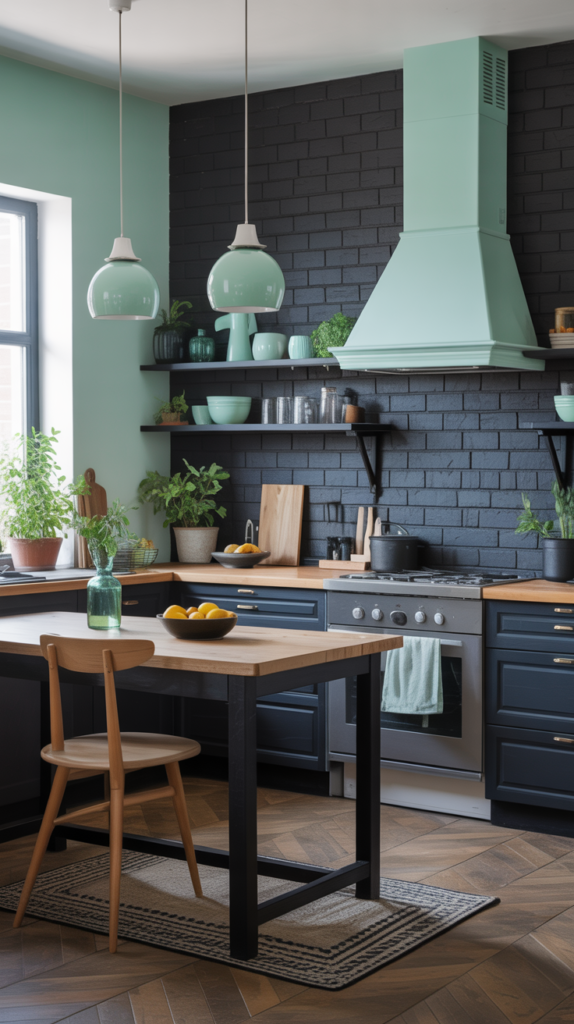 A modern black kitchen featuring mint green accents and decor.