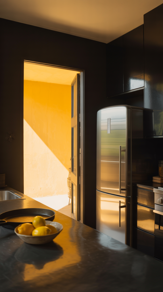 A black kitchen with golden yellow light coming from the door, creating a warm atmosphere.