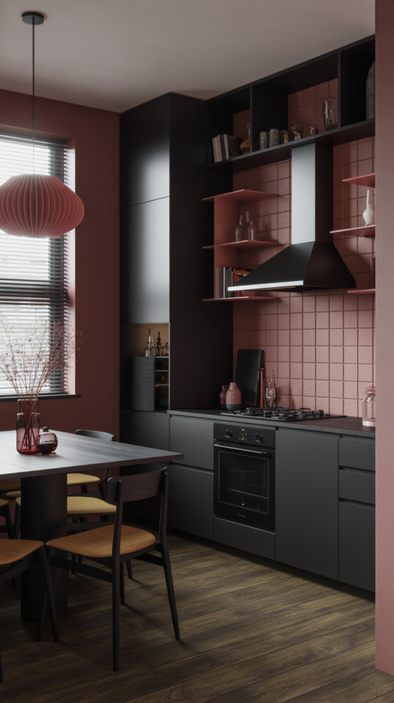 A cozy black kitchen featuring dusty rose accents, showcasing a modern and inviting design.