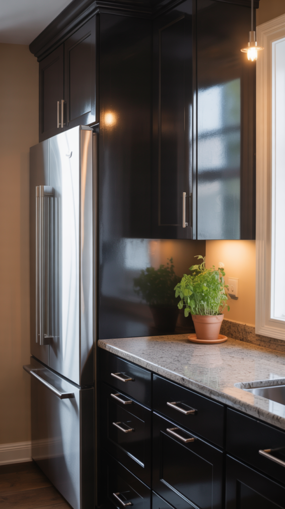 A modern kitchen featuring black cabinets and soft beige walls, with natural light illuminating the space.