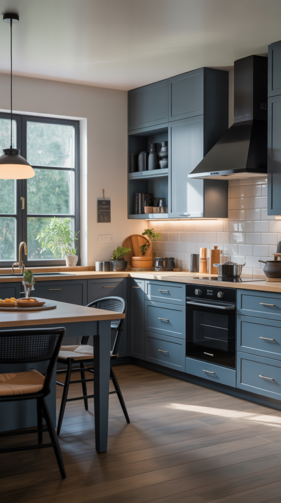 A modern kitchen featuring slate blue cabinets, black accents, and natural light.