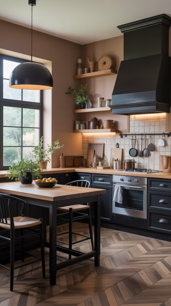 A black kitchen with warm taupe walls, featuring dark cabinetry and wooden accents.