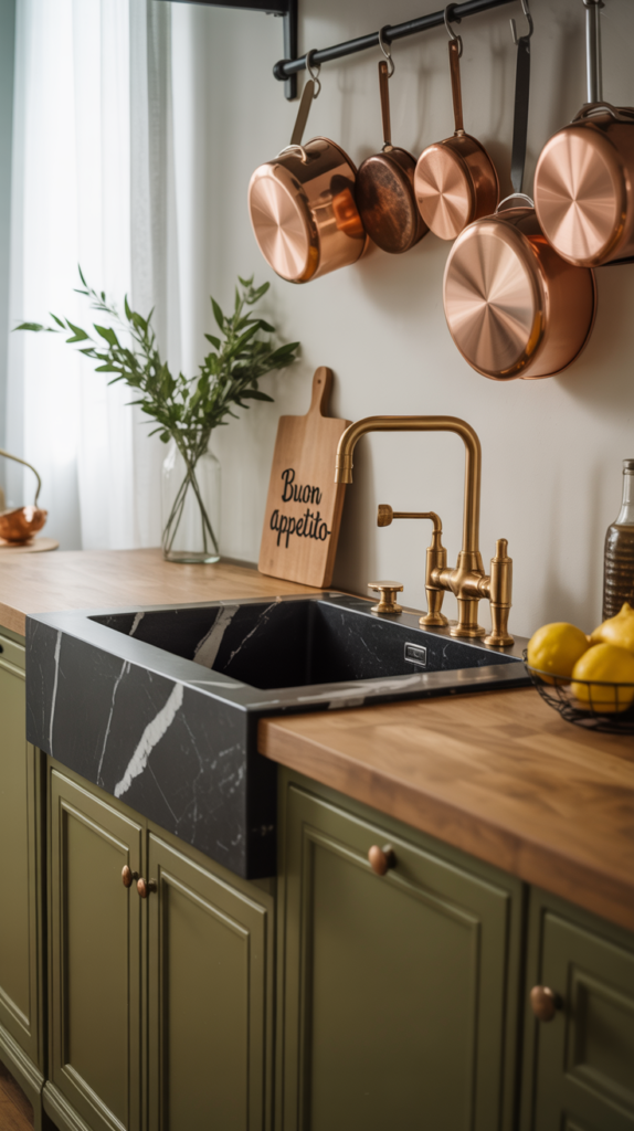 A black kitchen with rustic olive green accents and wooden elements.