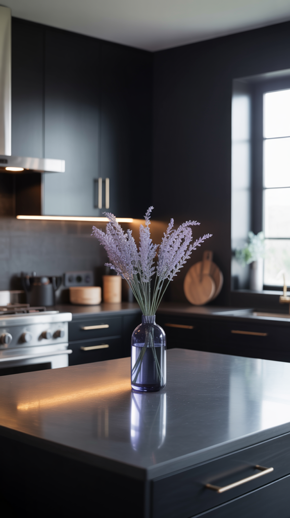 A modern black kitchen with sleek cabinets and a hint of light lavender decor.