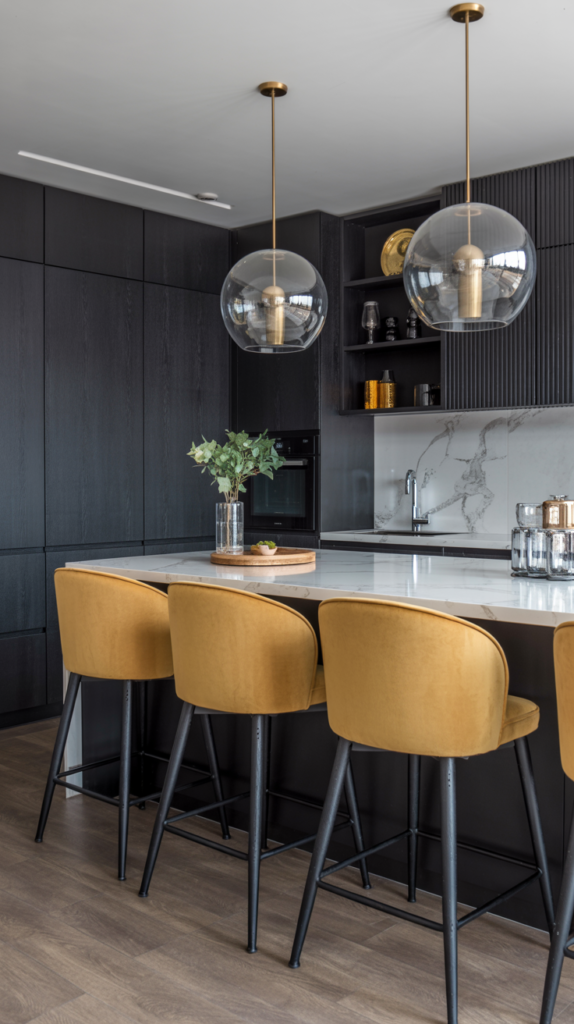 A modern black kitchen featuring muted mustard bar stools and gold accents.