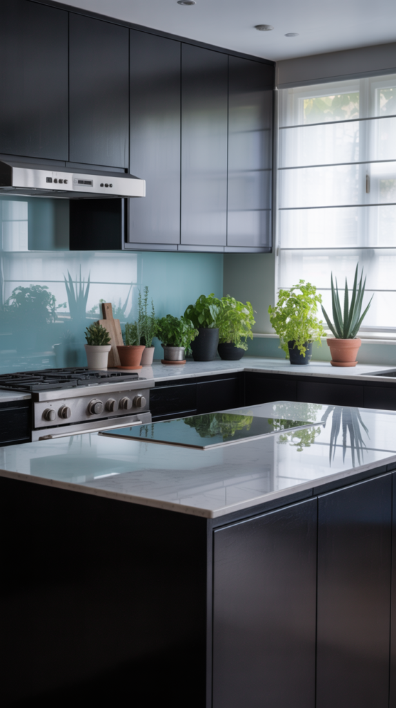 A modern black kitchen featuring a soft sky blue backsplash, plants, and sleek cabinetry.