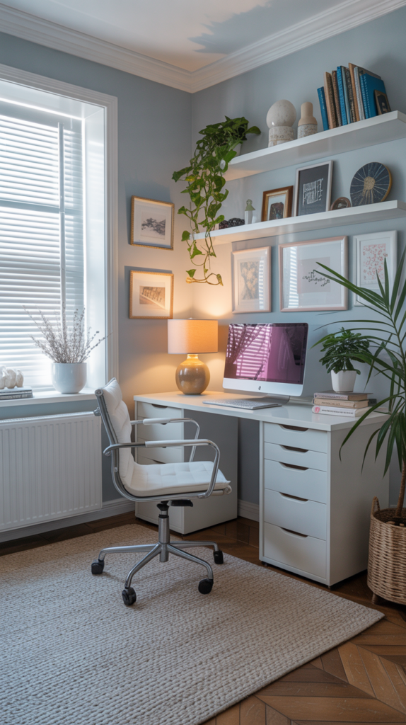 A bright home office with light blue walls, white furniture, and a plant.