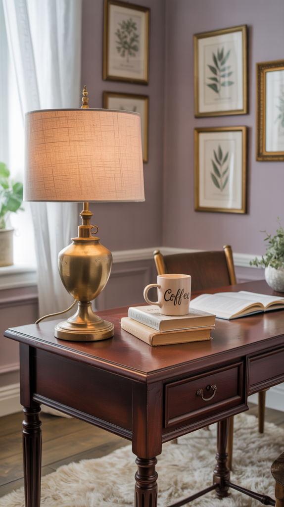 A home office with muted lavender walls, a wooden desk, and decorative frames.