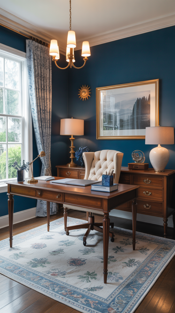 A stylish home office featuring rich navy blue walls, warm wood furniture, and elegant decor.