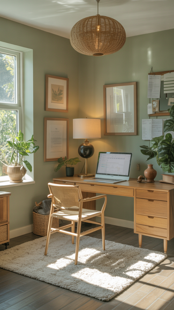 A bright and inviting home office with soft sage green walls, wooden furniture, and natural light.