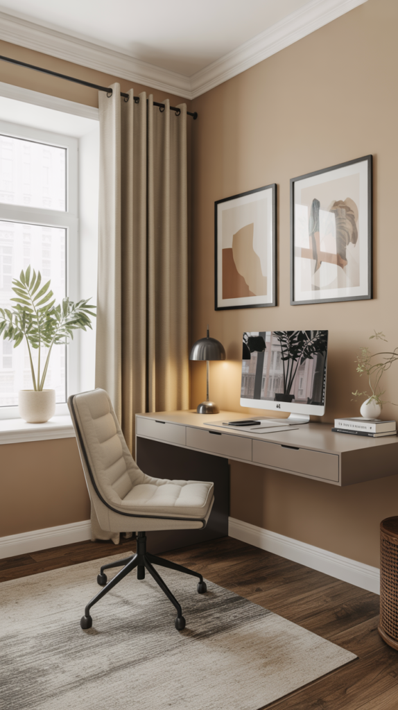 A cozy home office featuring creamy beige walls, a sleek desk, and natural light.
