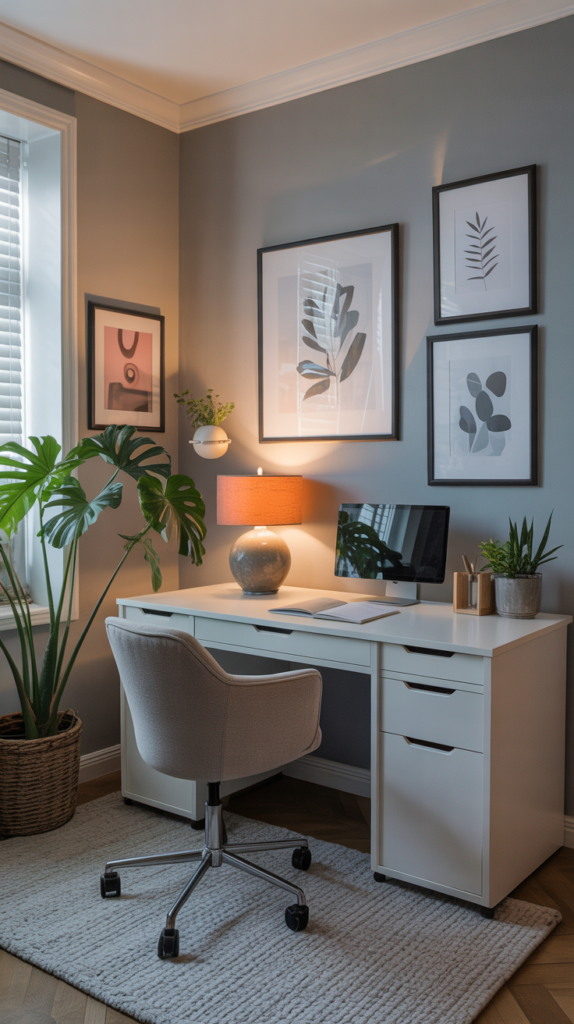 A modern home office with soft gray walls, a white desk, and a comfortable chair, featuring plants and framed art.