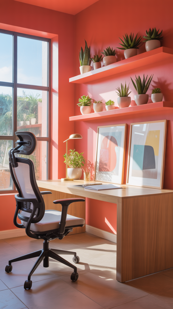 A bright coral home office with a desk, chair, and decorative shelves.