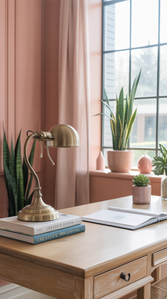 A cozy home office with blush pink walls, a wooden desk, and plants.
