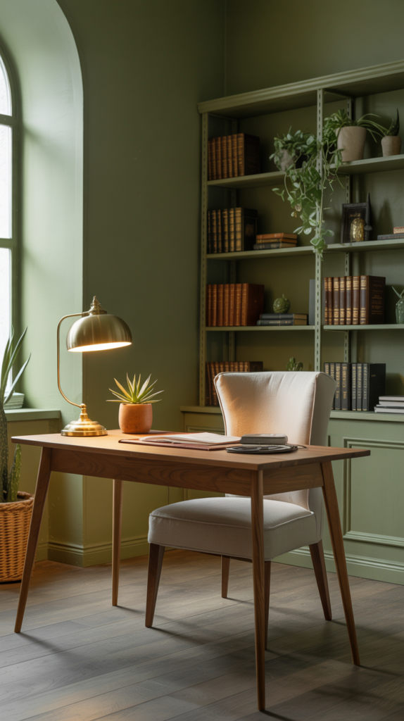 A cozy home office with olive green walls, wooden furniture, and plants.