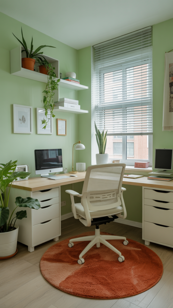A bright mint green home office with white furniture, an orange rug, and plants.
