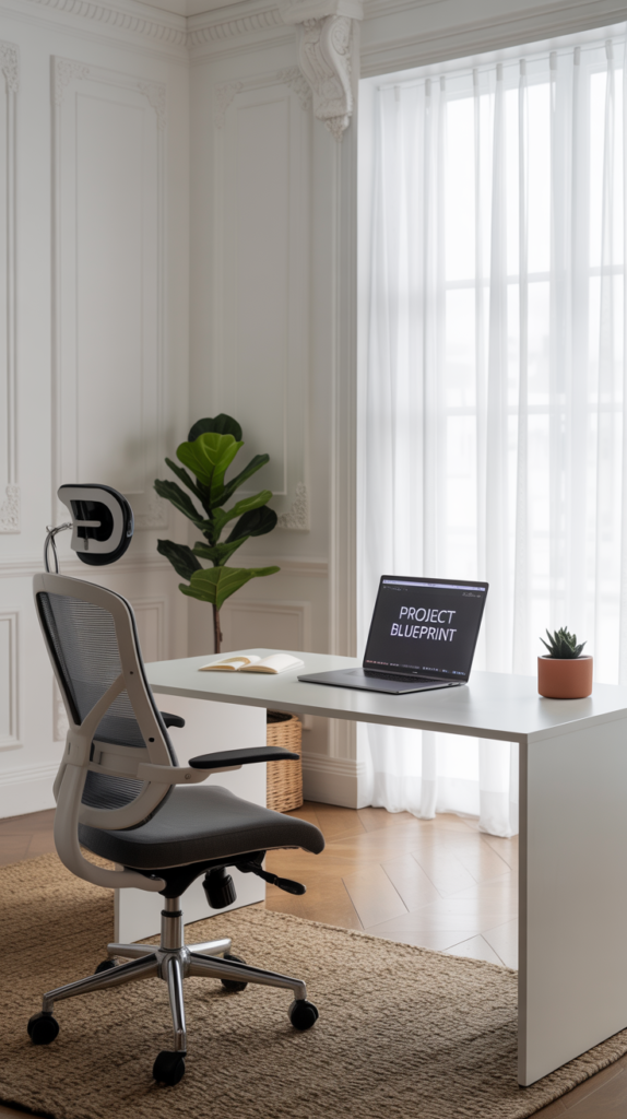 A modern home office with white walls, a sleek desk, and a comfortable chair, featuring elegant moldings and a plant.
