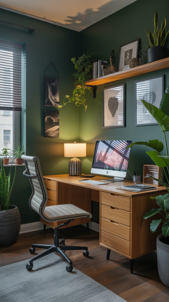 A cozy home office featuring deep forest green walls, a wooden desk, and various indoor plants.