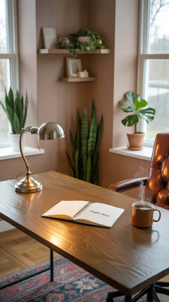 A cozy home office with warm taupe walls, wooden furniture, and plants.