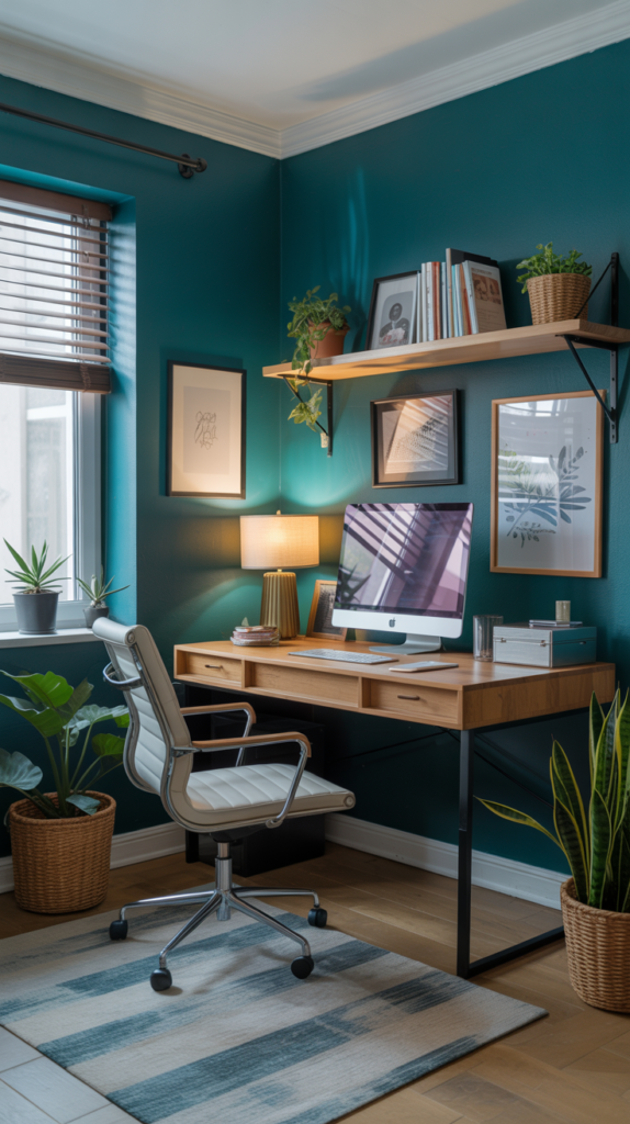 A home office with cool teal walls, a wooden desk, a comfortable chair, and plants, creating a refreshing work environment.
