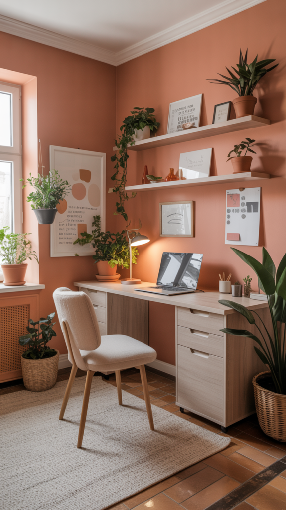 A cozy home office with soft peach walls, modern furniture, and plants.