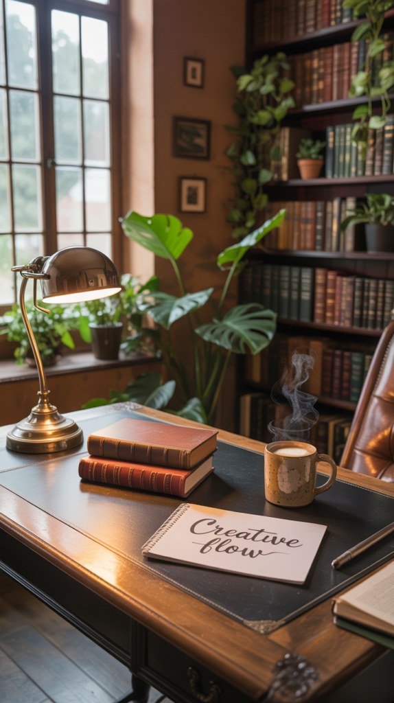 A cozy home office with rustic brown walls, wooden furniture, and natural light.