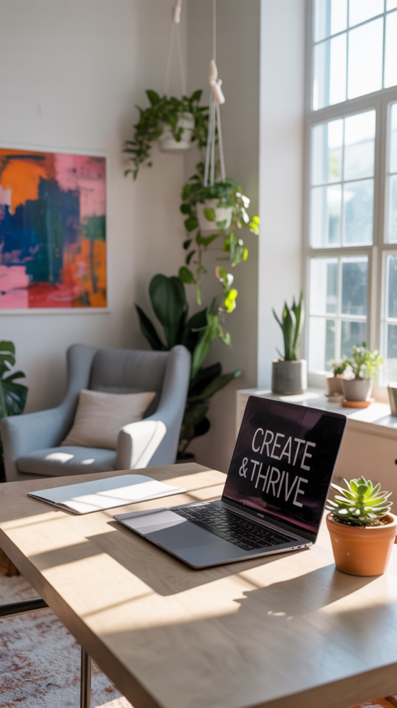 A bright home office with white walls, colorful accents, and plants.