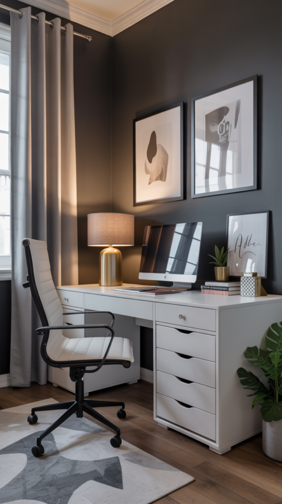 Home office with charcoal wall, white desk, and modern decor