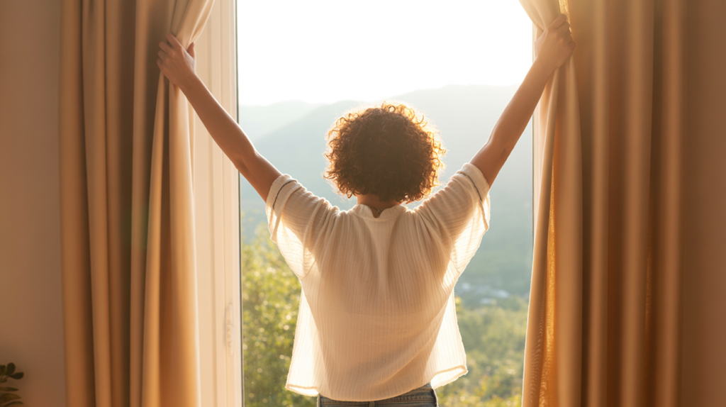 Person opening curtains to morning sunlight as part of 10-minute morning routine