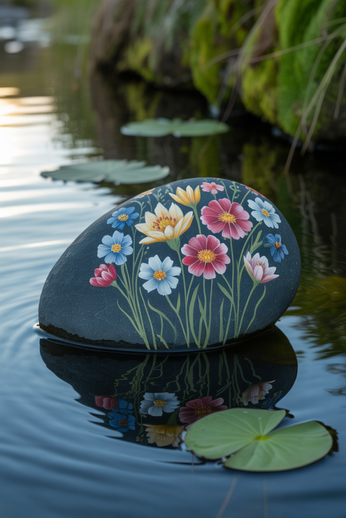 A rock decorated with colorful painted flowers, sitting in calm water.