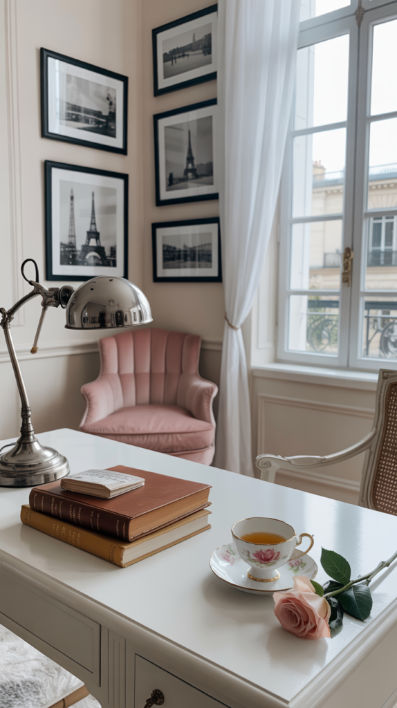 A chic feminine Parisian home office featuring a white desk, framed art on the walls, and elegant decor.