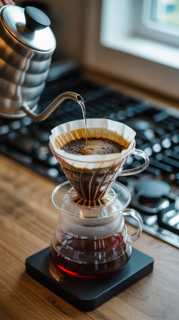 A pour-over coffee setup with a kettle pouring water over coffee grounds in a dripper.