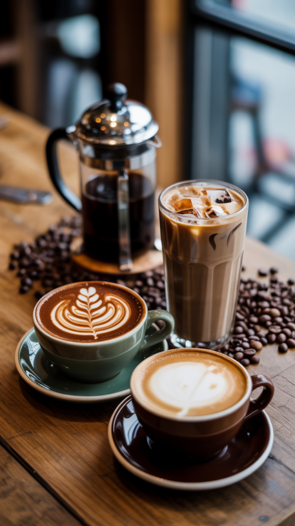 A photograph showcasing an assortment of artisanal coffee drinks arranged on a rustic wooden table. A ceramic latte with intricate latte art depicting a "swan" sits beside a vibrant iced mocha in a tall glass, and a steaming cappuccino in a classic white cup is positioned nearby. Soft natural light illuminates the drinks, highlighting the rich colors and textures, while a scattering of coffee beans and a vintage French press complete the scene in the blurred background. The warm tones create a cozy and inviting atmosphere.
