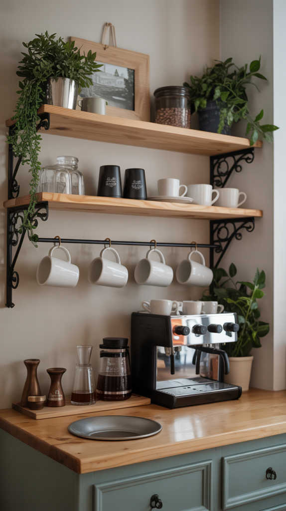 A cozy home coffee station with a wooden countertop and sage green drawers, featuring a modern espresso machine, glass coffee carafe, and coffee accessories. Above are two wooden shelves with mugs, glasses, coffee beans in a jar, framed artwork, and potted greenery. White mugs hang from a black rod under the lower shelf, creating a stylish and functional setup.