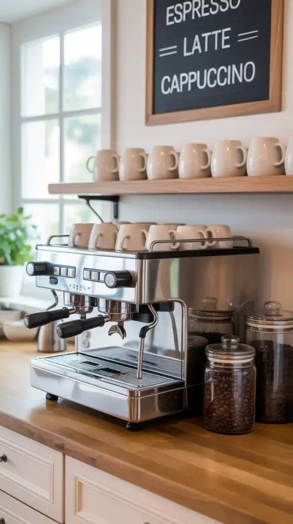 A stylish coffee station featuring an espresso machine, jars of coffee beans, a chalkboard menu, and white mugs.