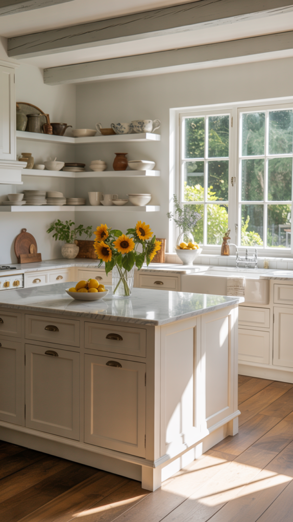 Modern farmhouse kitchen with white cabinets, open shelving, and wooden accents