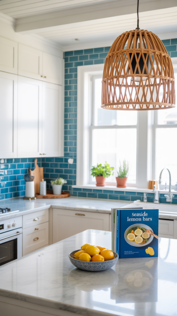 A bright coastal kitchen with white cabinetry, blue backsplash, and rattan pendant light.