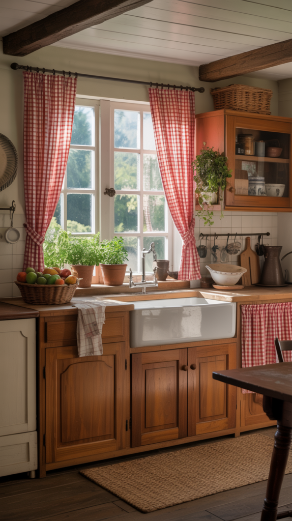 Cozy country cottage kitchen with wooden cabinets, farmhouse sink, and checkered curtains