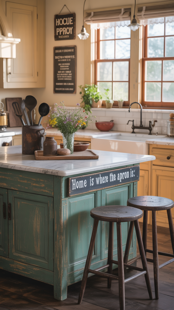 A cozy kitchen featuring vintage signs, wooden stools, and a warm color palette.