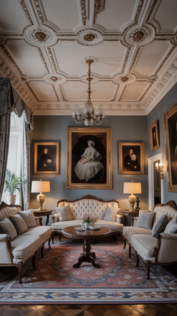 stylish Victorian living room featuring ornate ceiling designs, elegant furniture, and framed portraits.